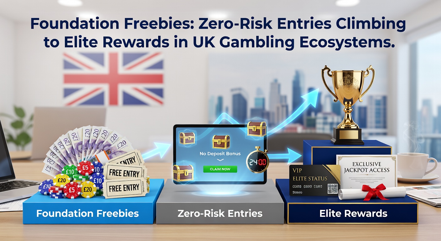 Graphic showing a progression path from no-deposit bonus icons to luxury VIP lounge rewards amid slot reels and betting slips