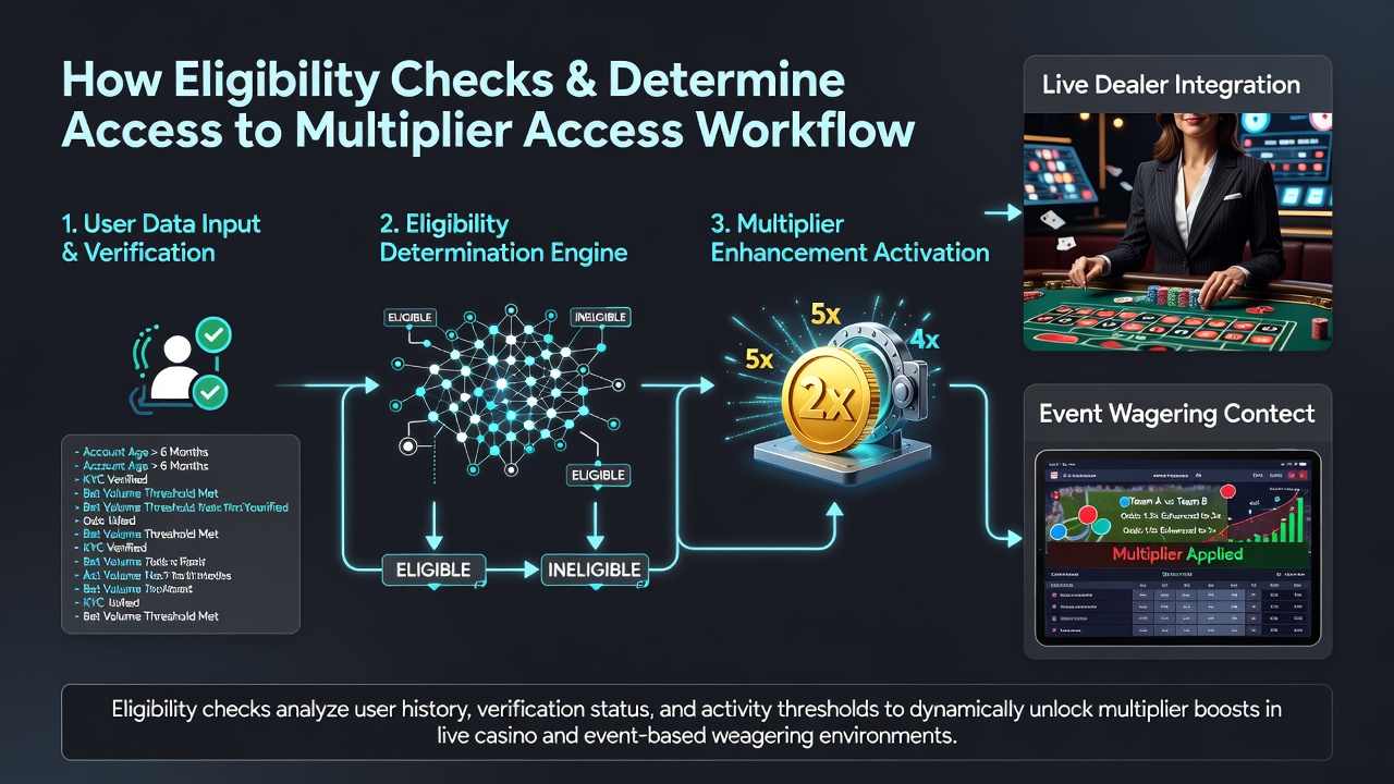 Event wagering eligibility checks and multiplier activation