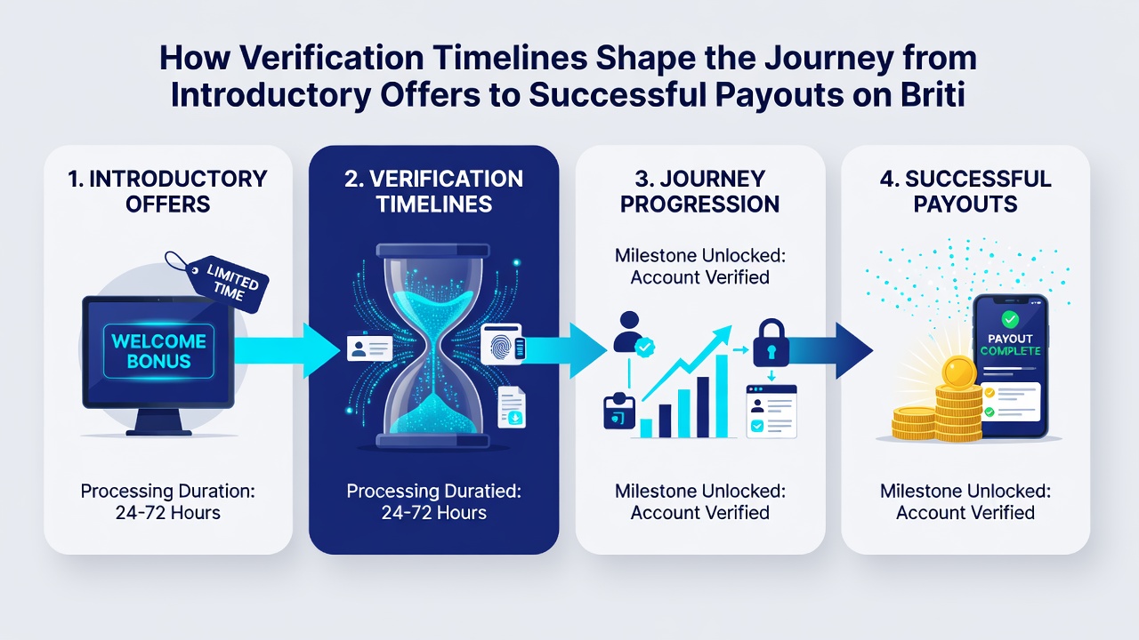 Timeline graphic illustrating average verification stages and their impact on payout processing times for British users