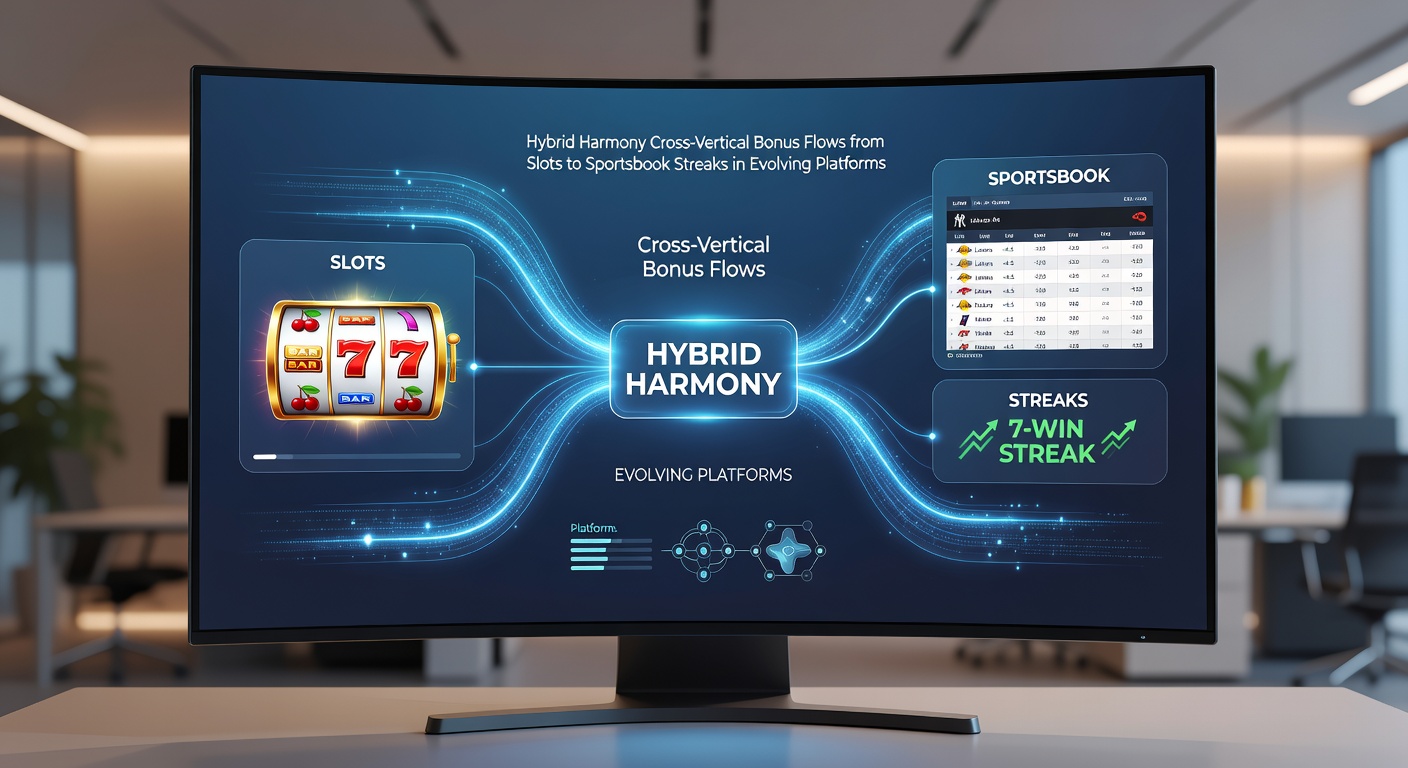 Dynamic graphic showing bonus streams flowing from colorful slot machines to a sportsbook interface with streak multipliers and chained bets