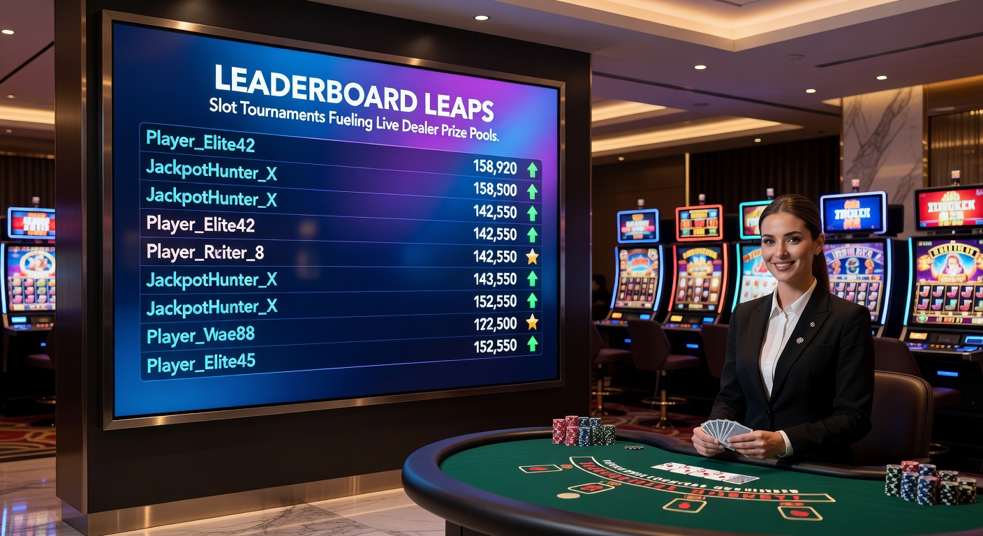 Live dealer blackjack table with overflowing prize pool meter fueled by slot tournament contributions, players cheering as chips stack up