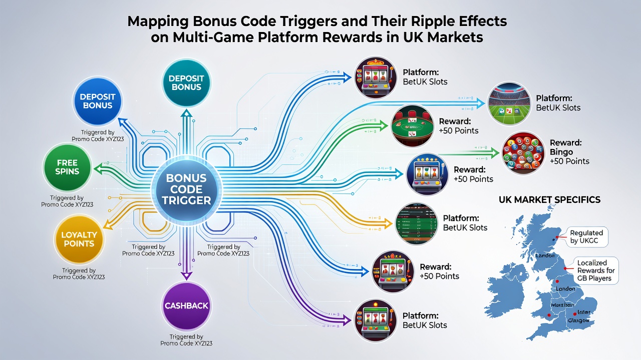 Flowchart illustrating ripple effects from bonus code entry to multi-game reward outcomes on UK platforms