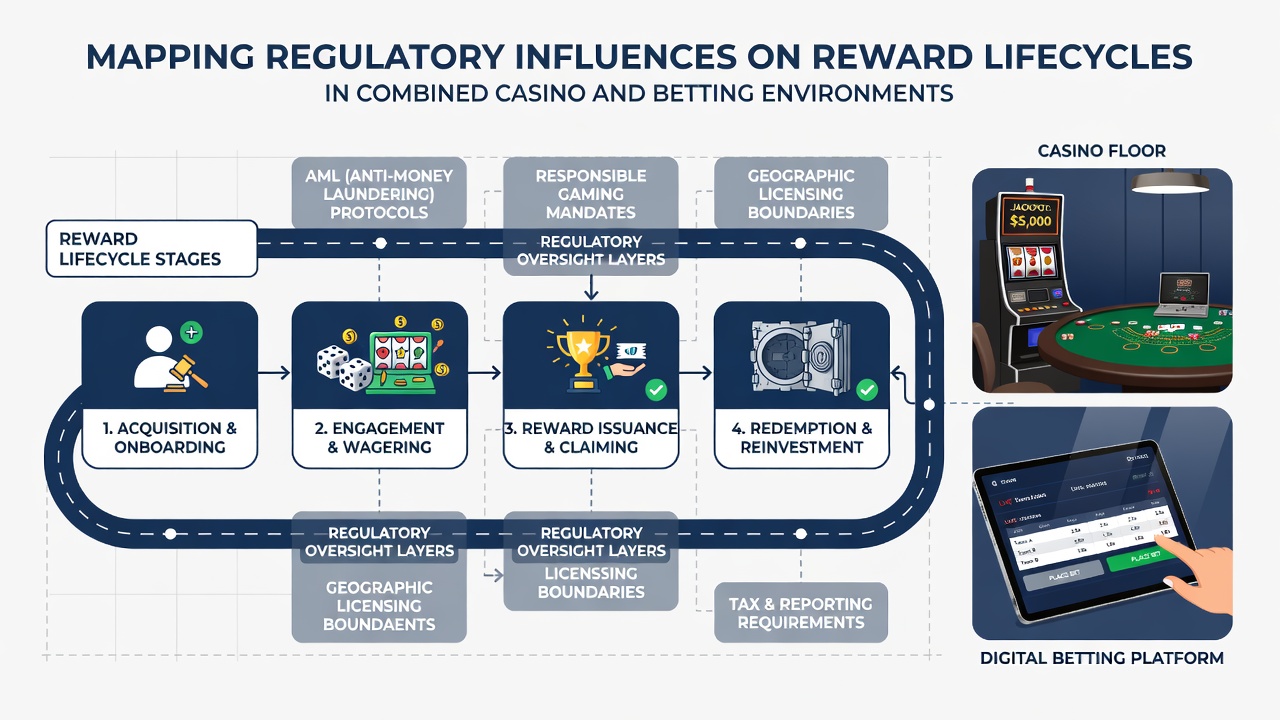 Flowchart showing how regulatory checkpoints align with reward progression from sign-up to cashout in integrated betting environments