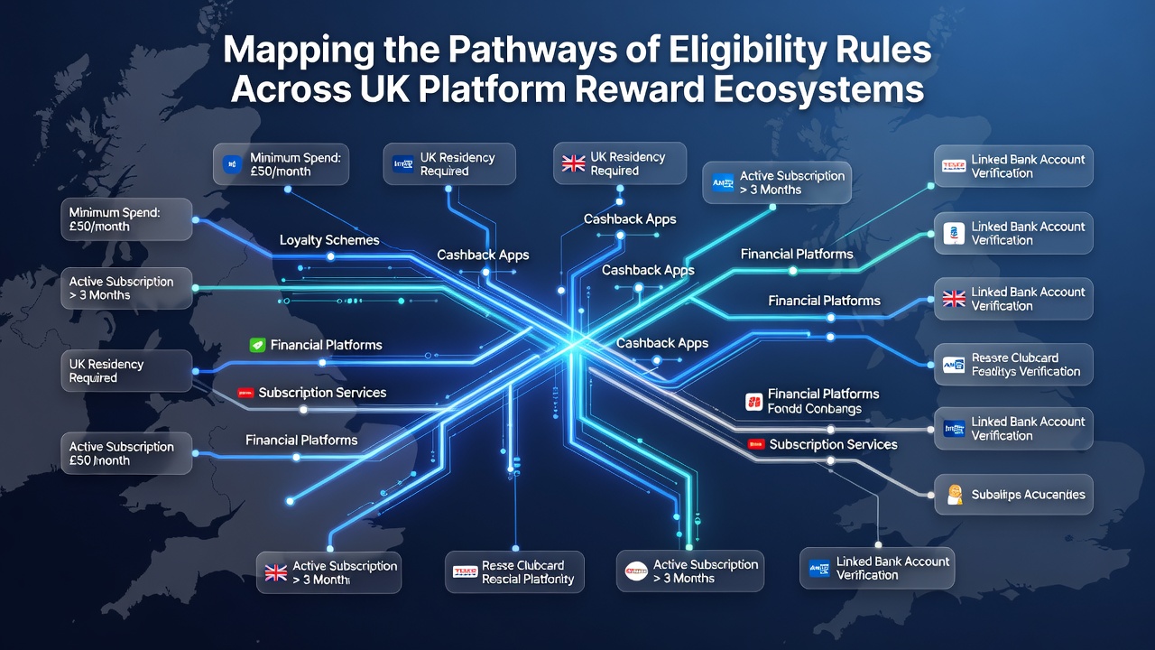 Illustration of eligibility rule layers connecting different reward types on UK platforms