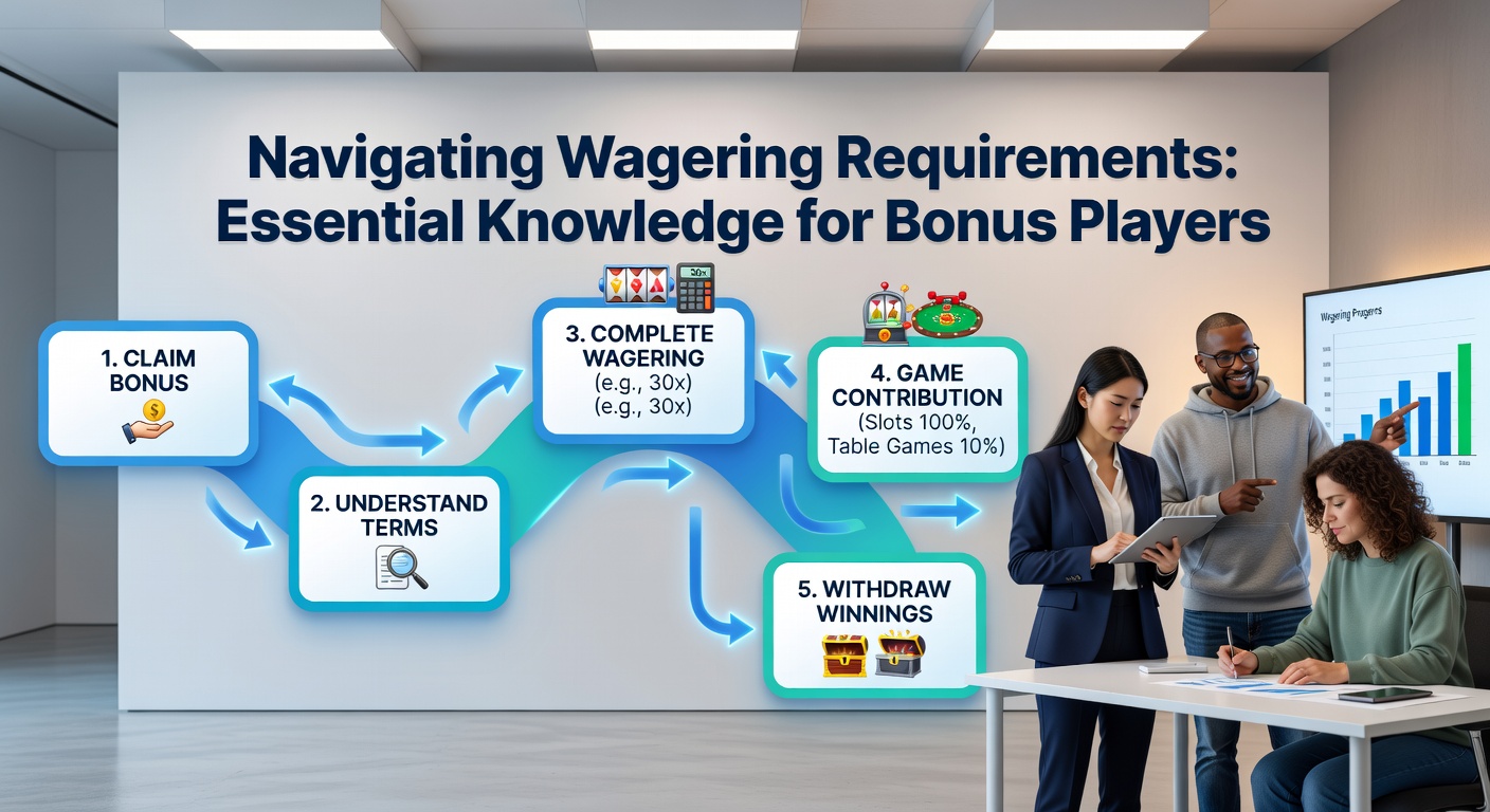 Infographic depicting various wagering requirement types with examples from slots, table games, and sports betting