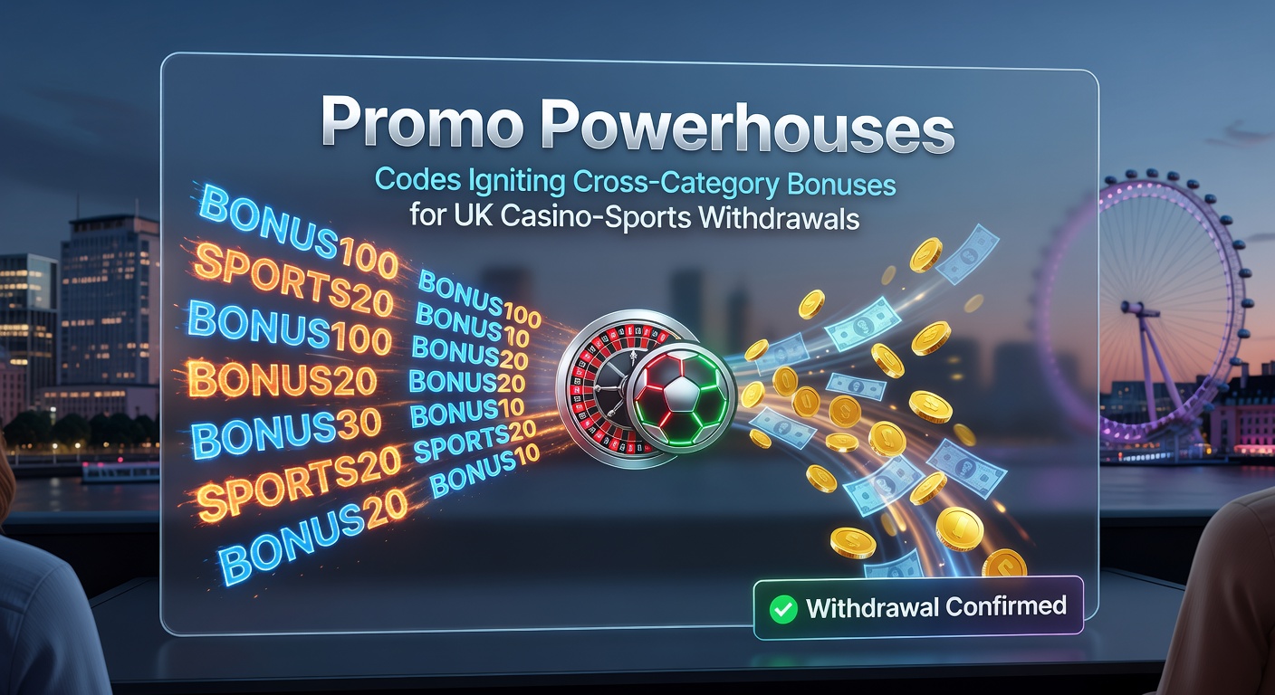 Dynamic graphic showing a promo code input screen morphing into intertwined casino roulette and sports match visuals, with bonus meters filling toward a green withdrawal button