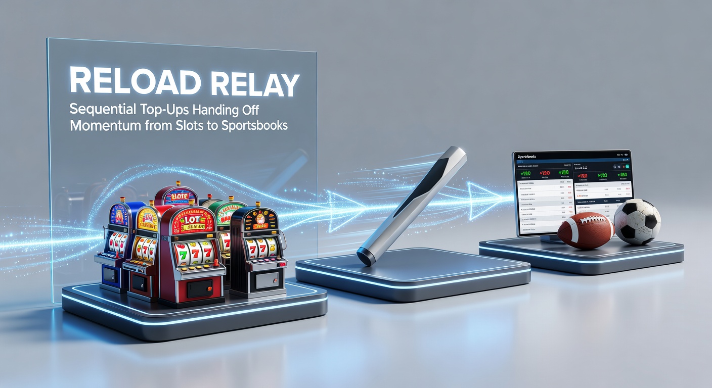 Graphic depicting a relay baton pass from colorful slot reels to dynamic sportsbook odds boards, highlighting sequential bonus transfers