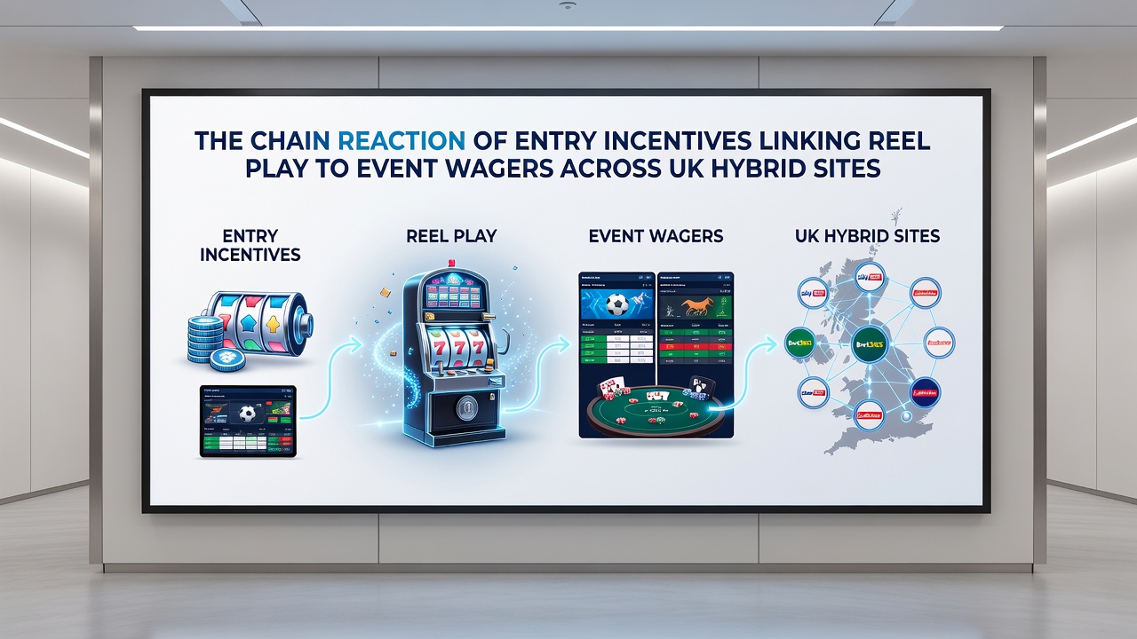 Diagram showing progression from reel play incentives to sports event wagers on hybrid sites