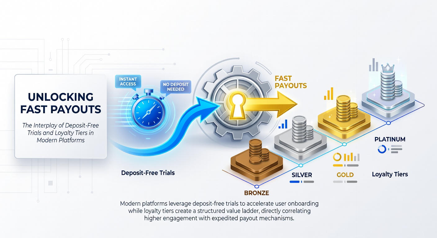 Infographic showing loyalty tier pyramid with deposit-free trial icons at the base and lightning bolts for fast payout speeds at the top, including stats on withdrawal times