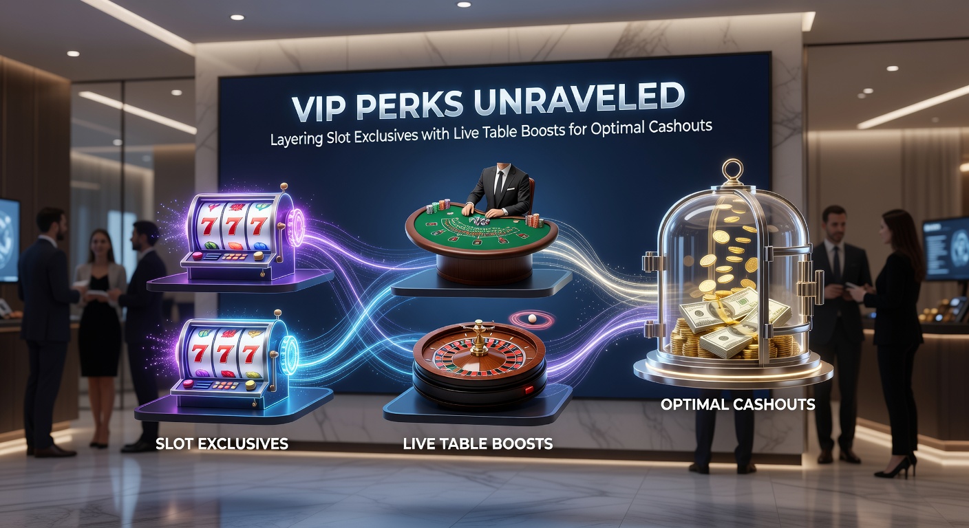 Dynamic graphic depicting layered VIP bonuses: slot multipliers merging with live table cashback icons, leading to a glowing cashout vault