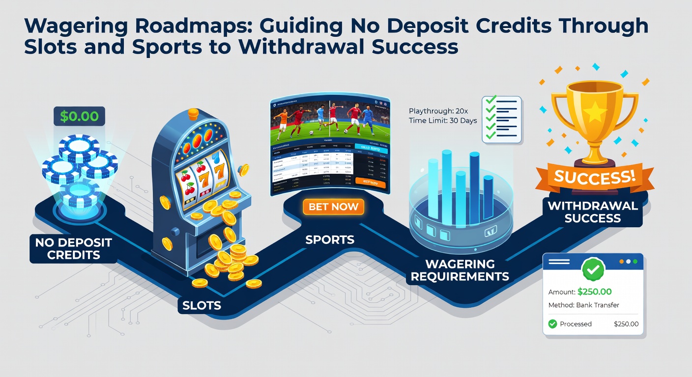 Infographic showing a split roadmap: left side slots with spinning reels and wager multipliers, right side sports events with odds charts and bet slips leading to a central withdrawal gate